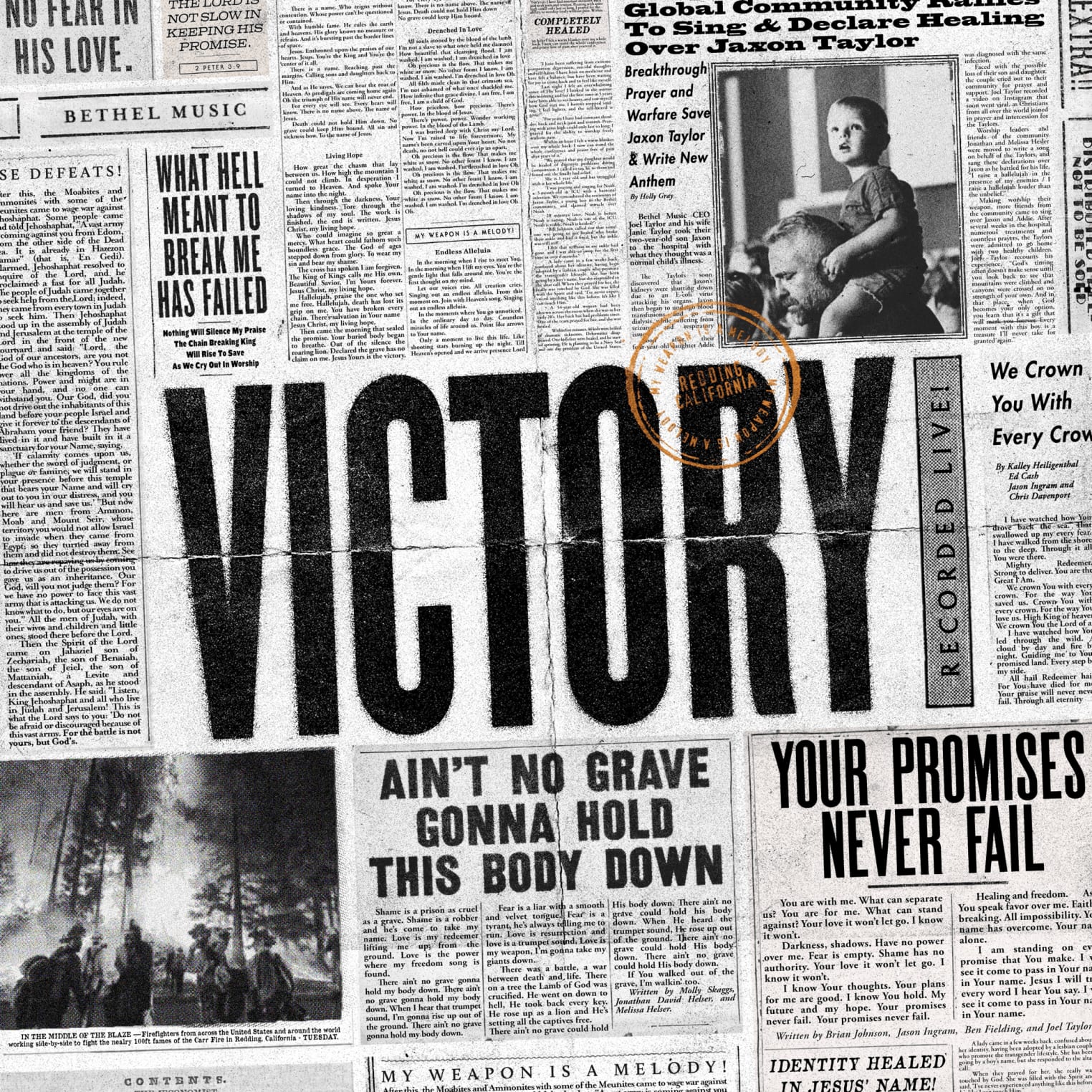 Album artwork for "Goodness of God" by Bethel Music, styled like a newspaper with bold "VICTORY," smaller headlines, and black-and-white photos.