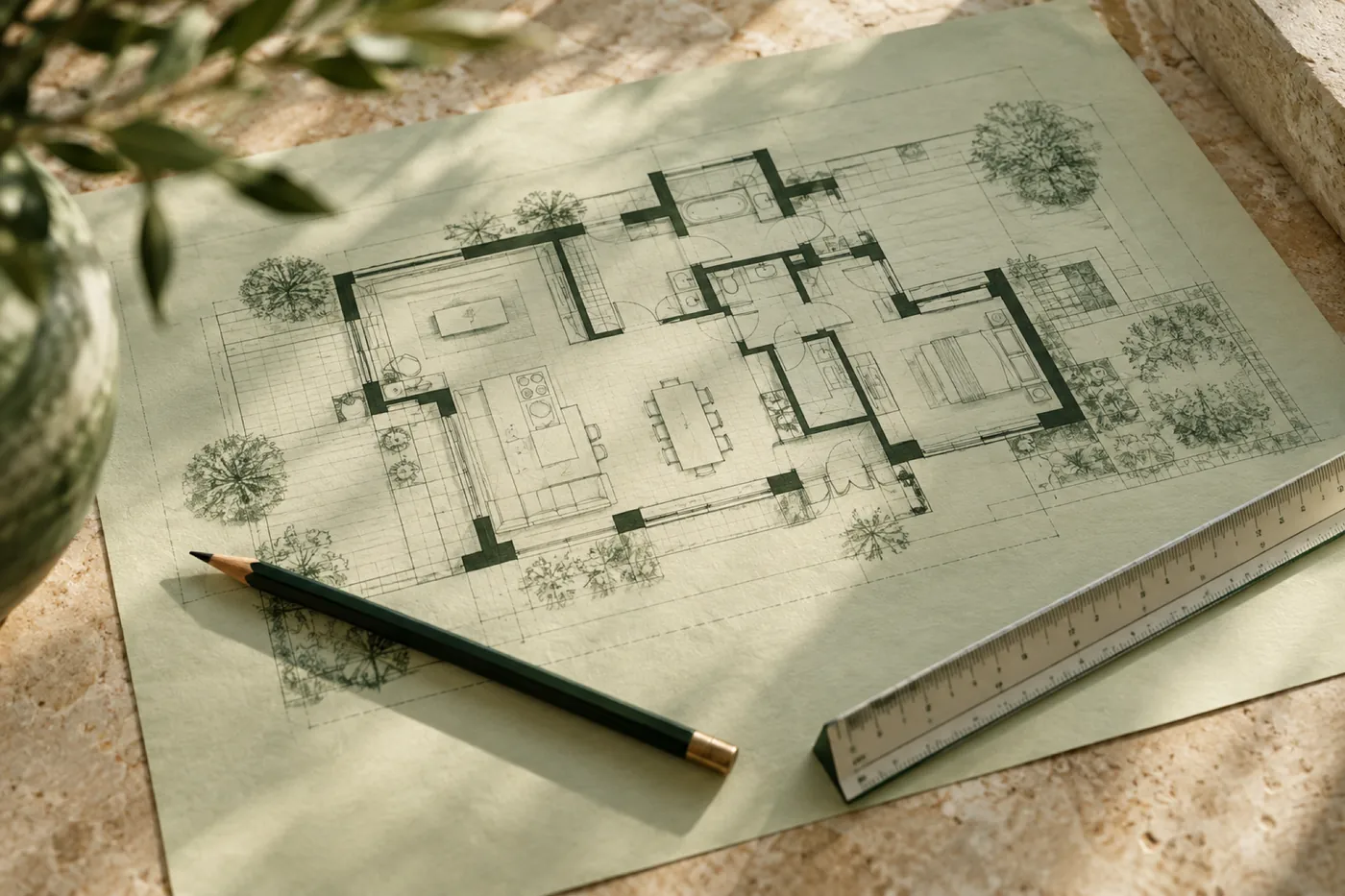 Floor plan drawing in green ink on pale paper