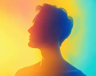 Silhouette of a person in profile with colorful gradient light blending yellow, orange, and blue hues