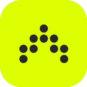 A bright neon yellow square logo with nine black dots arranged in a pyramid-like formation. The dots are evenly spaced, forming a triangular shape, with one dot at the top, followed by a row of two dots, then three dots, and finally three dots at the base.