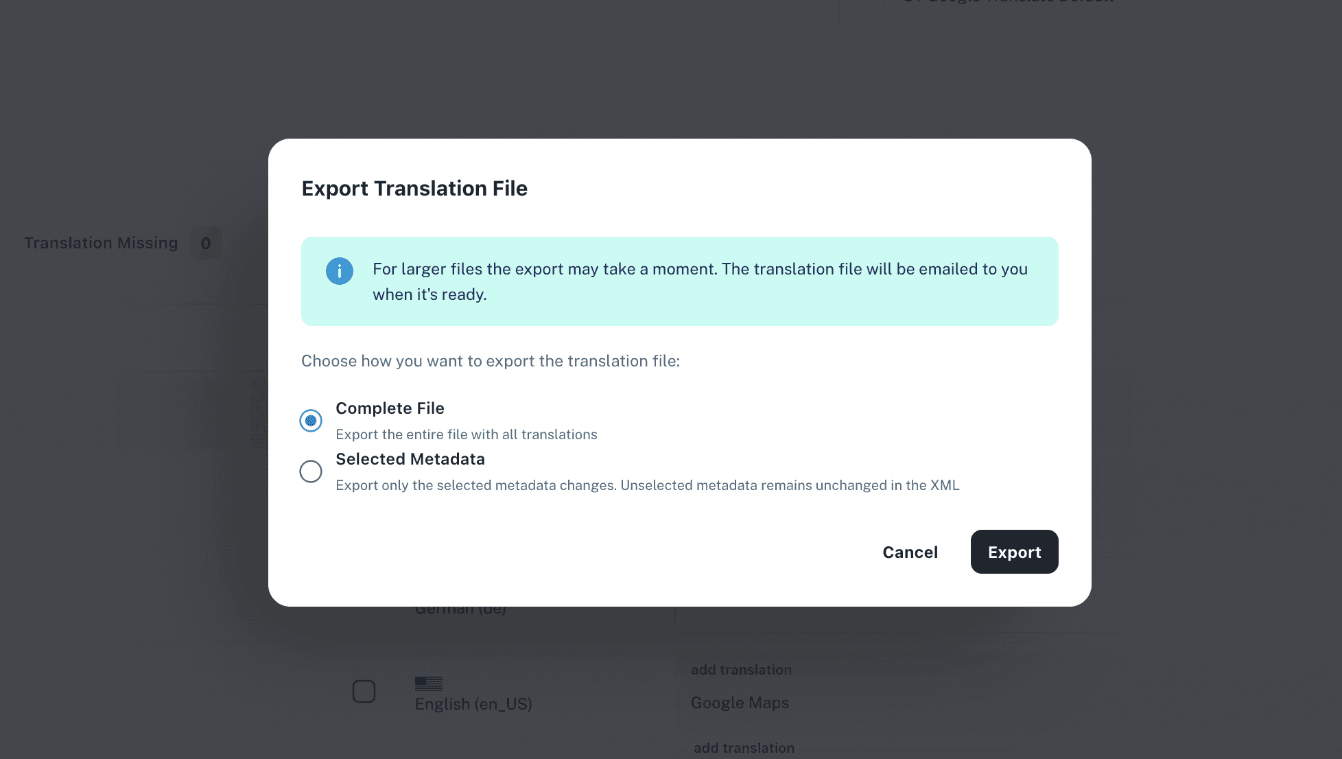 SimpleTranslate export of a translated XLIFF file ready for Salesforce re-import