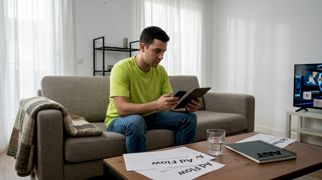 Analyst reviewing ad workflow on devices