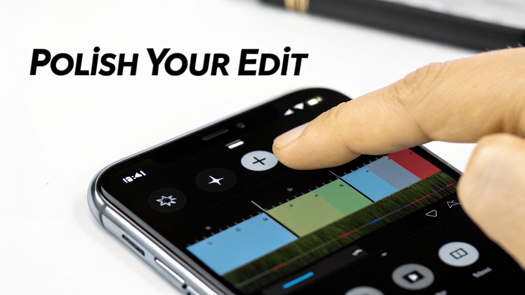 A hand taps a smartphone screen showing a video editing app with a timeline and controls, with 'Polish Your Edit' text in the background.