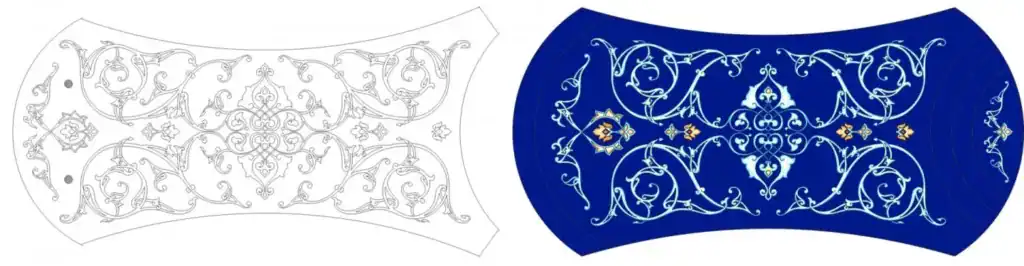 Mosaic glass pool with intricate scrollwork for elegant outdoor design.