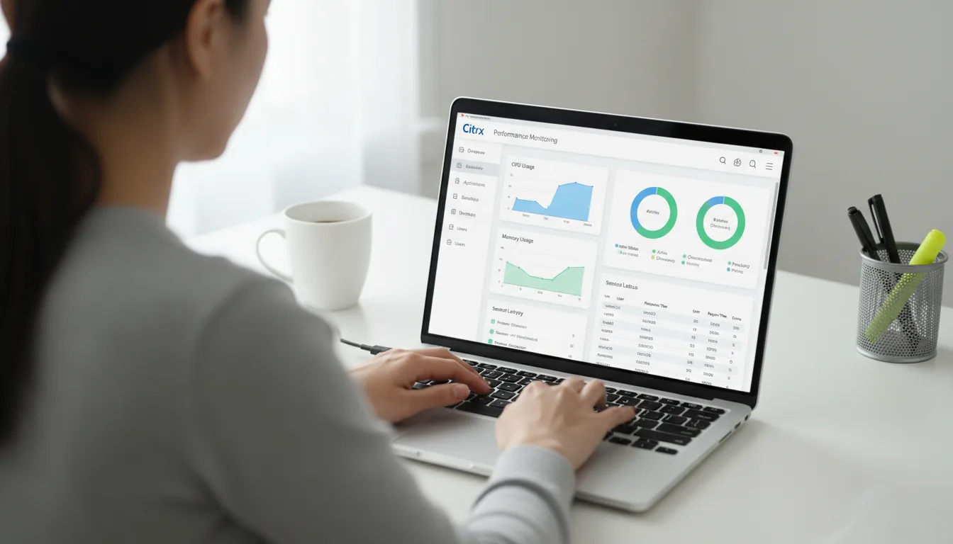 Over-the-shoulder DSLR photograph of an IT professional working at a clean white desk, typing on a modern silver laptop. The screen is in sharp focus, displaying a complex Citrix performance monitoring dashboard. The interface is a clean light mode SaaS dashboard with a left sidebar, multiple data widgets, blue area charts, green donut charts, and tables with placeholder data. The background is softly blurred with a shallow depth of field, showing a white coffee mug and a pen holder. The scene is evenly lit with bright, natural daylight, creating a professional and focused atmosphere.