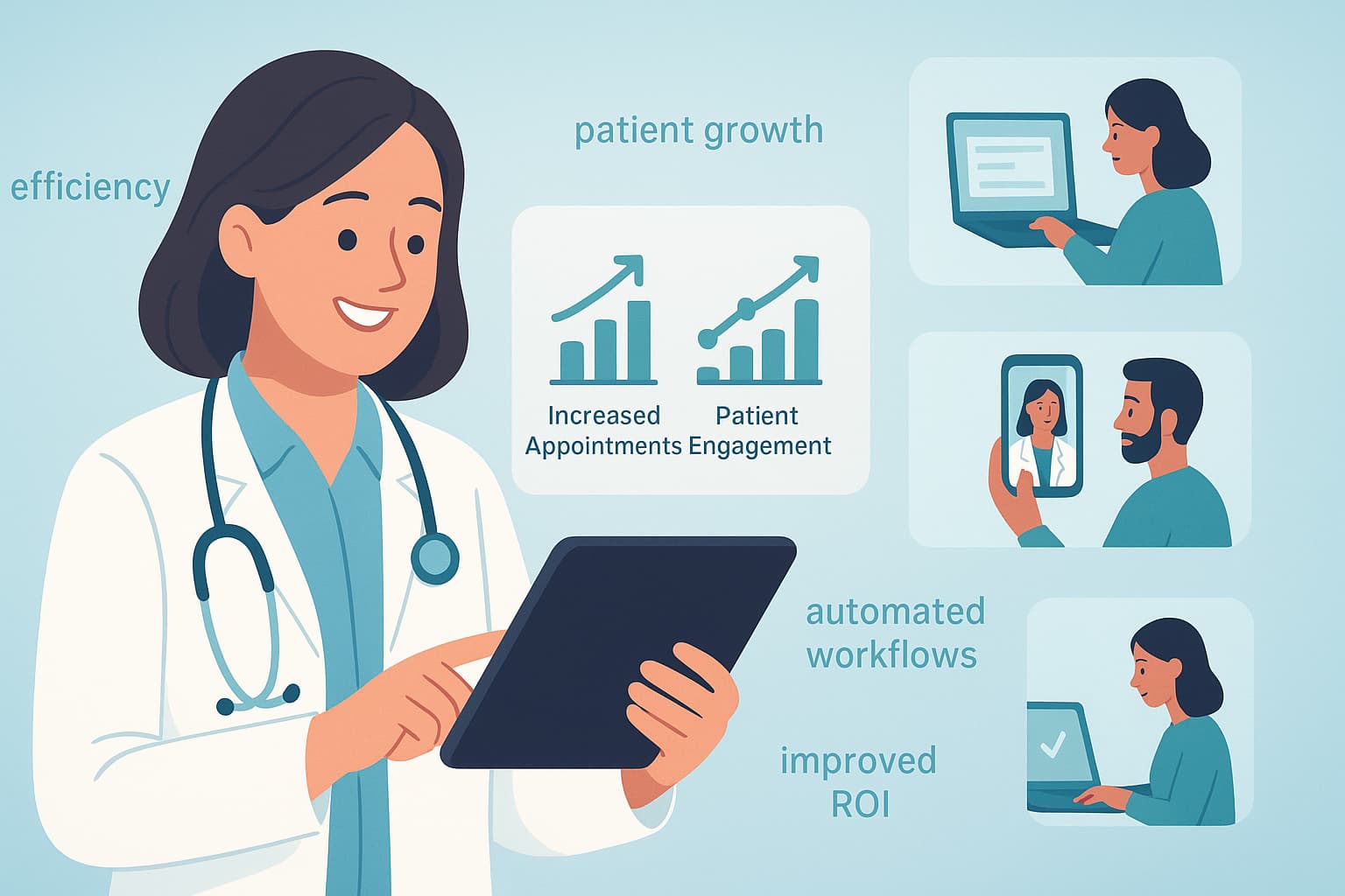 "Healthcare Lead Generation Agency That Delivers: Illustration showcasing benefits of lead generation services, including patient growth, improved efficiency, and automated workflows."