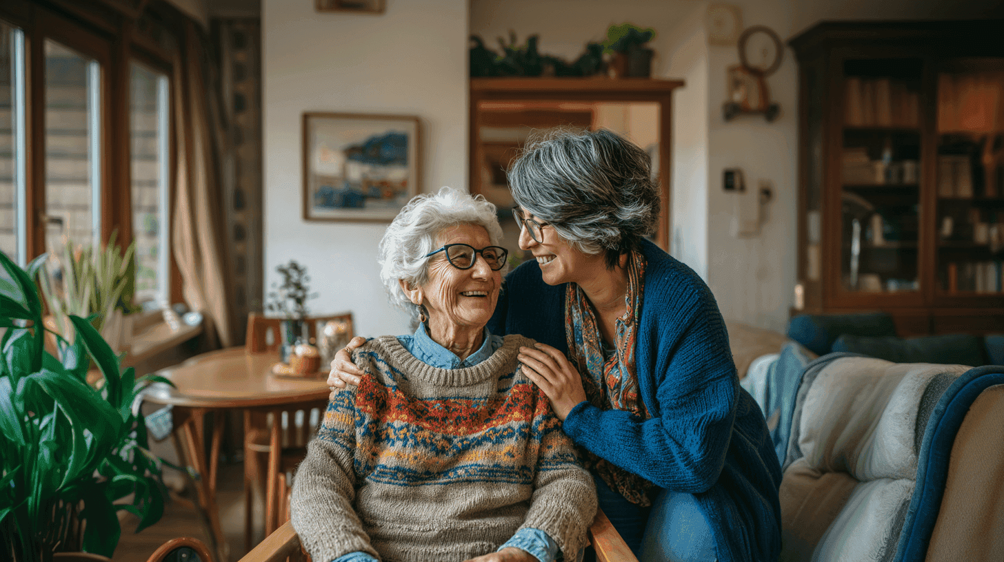 Two elderly women share a warm moment, one smiling while the other leans in affectionately, in a cozy living room.