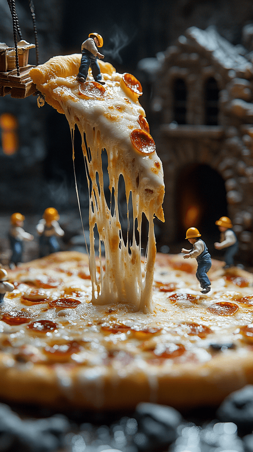 Door Midjourney gegenereerde afbeelding van bouwvakkers die werken op een pizza
