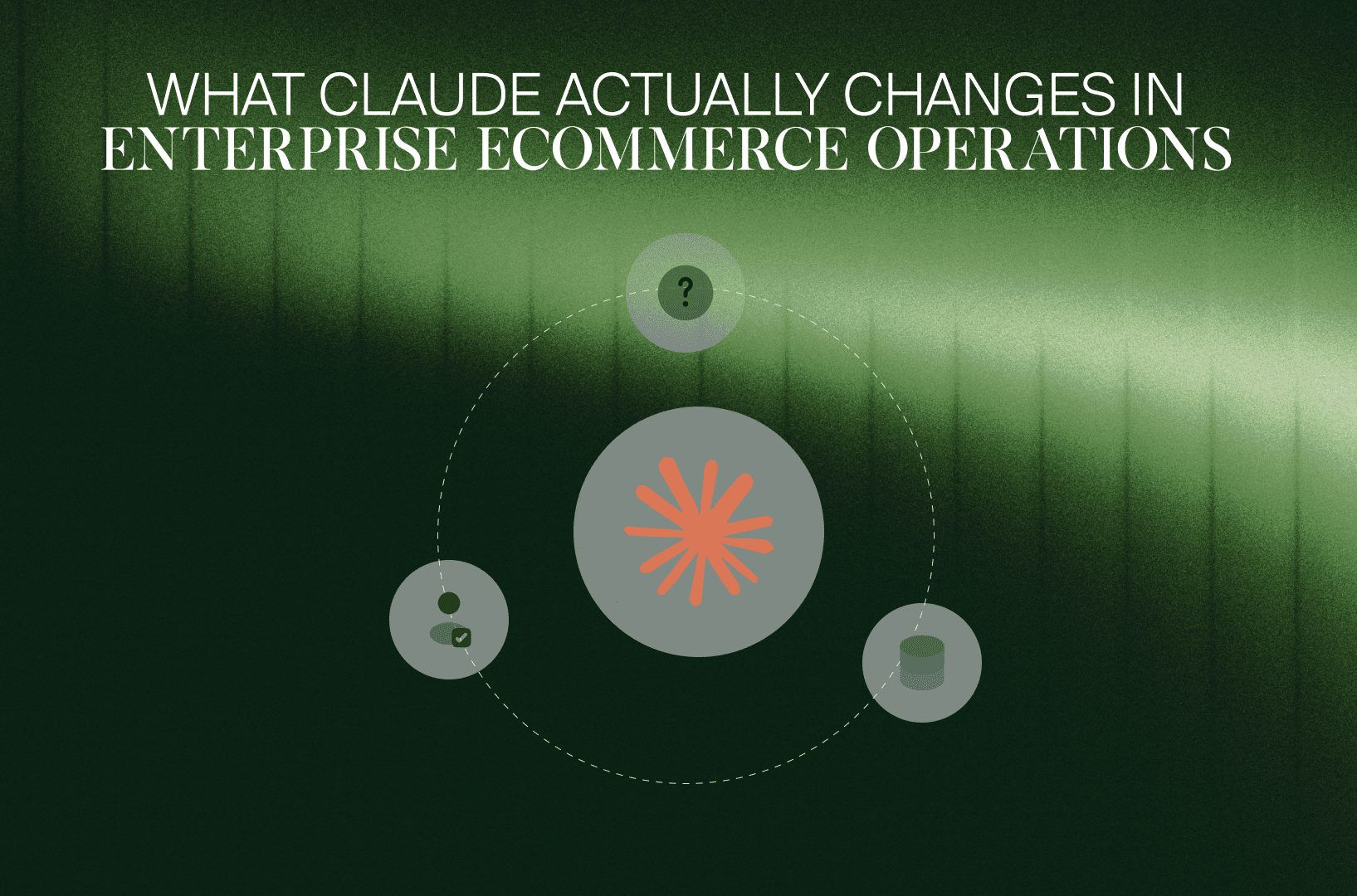 Claude-Logo im Zentrum von Icons für Fragen, Menschen und Daten, Cover zu Claude im Enterprise-E-Commerce