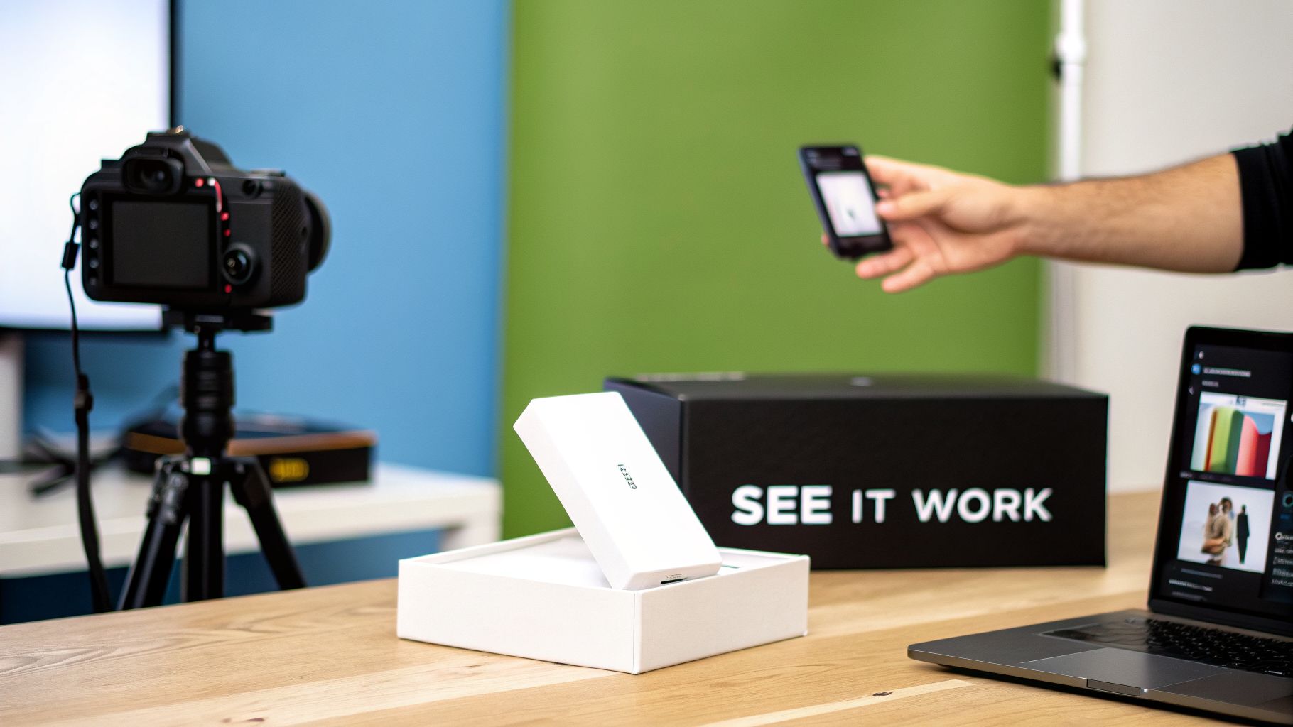 A hand filming a white product box with a smartphone in a studio setup for e-commerce videos.