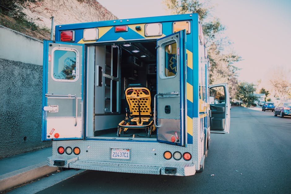 Back view of an open ambulance with a stretcher.