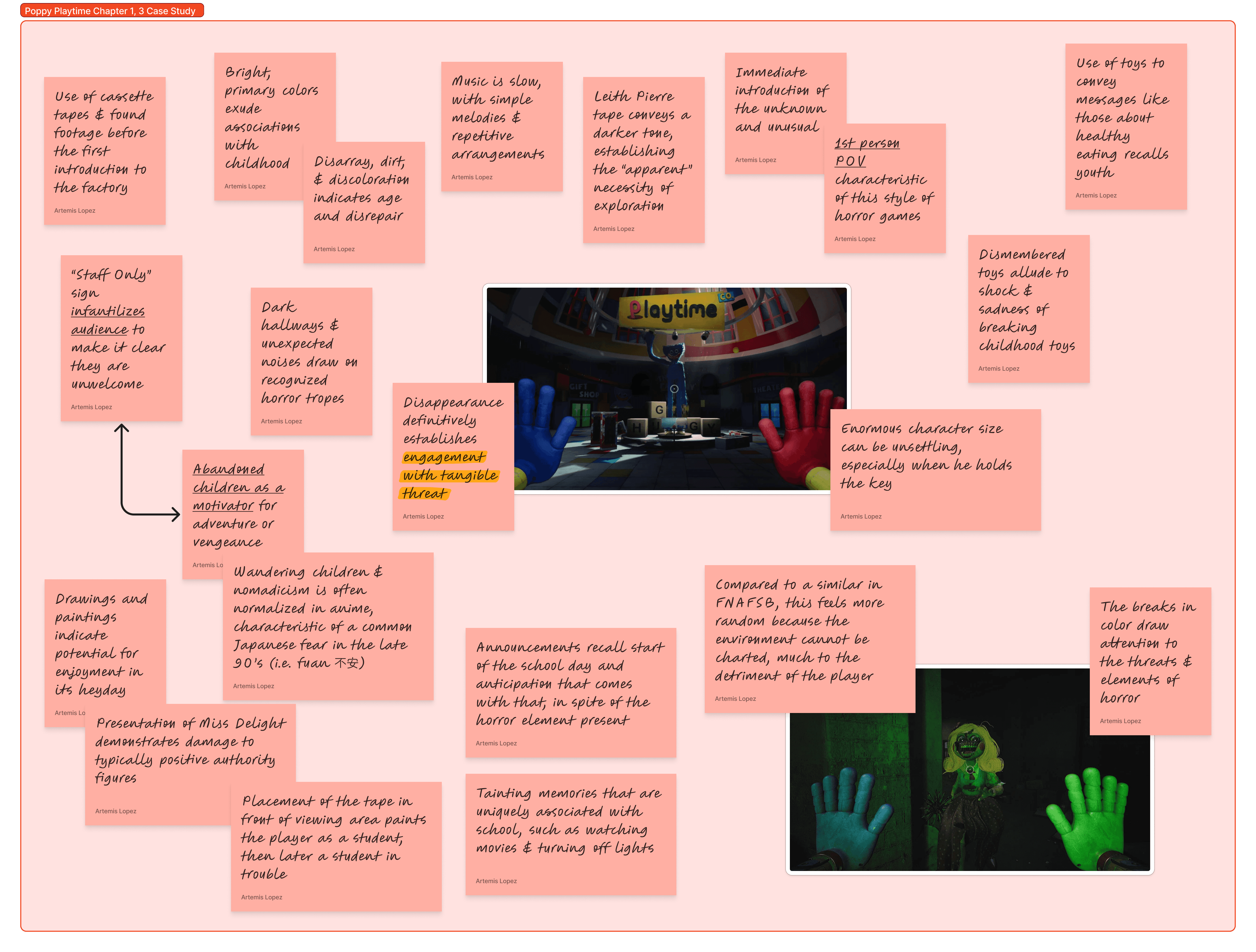 A visual board analyzing the horror game Poppy Playtime: Chapter 1 through annotated notes that connect color, sound, and narrative design to themes of fear and childhood nostalgia.
