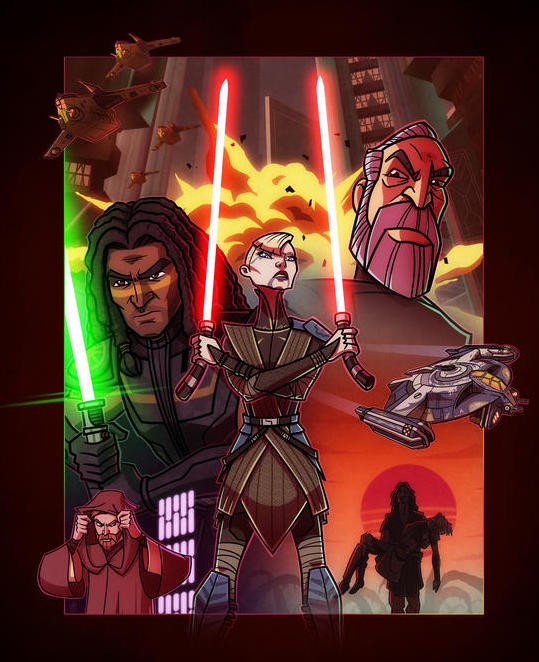 The cast of Dark Disciple in the style of The Clone Wars