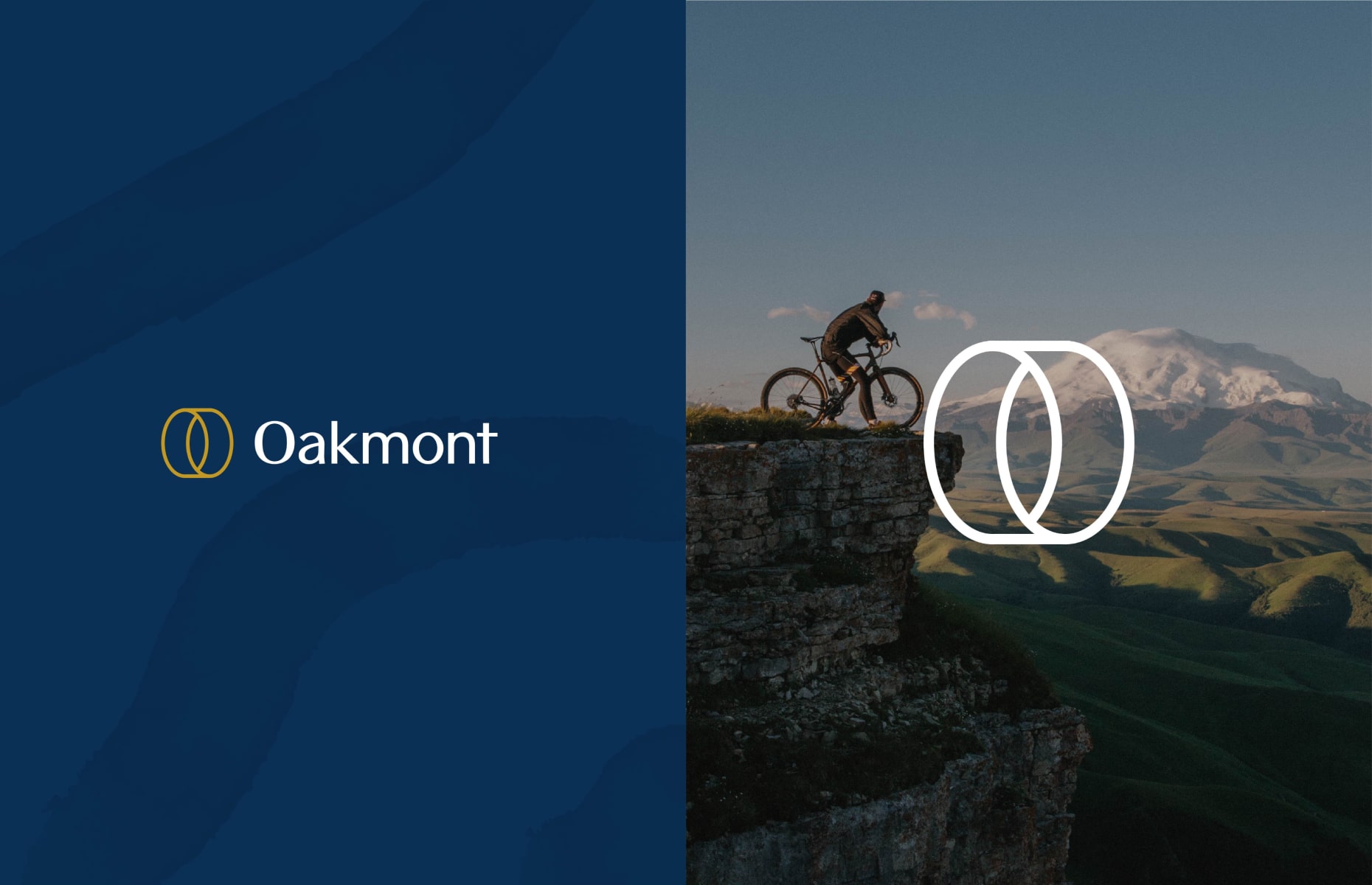 Brand moodboard for Oakmont featuring their logo and a scenic shot of a biker overlooking a mountain.