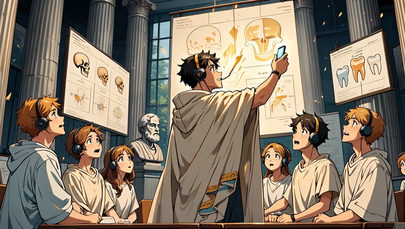Dental student surrounded by glowing anatomy charts of the skull and cranial nerves, raising smartphone with golden sparks