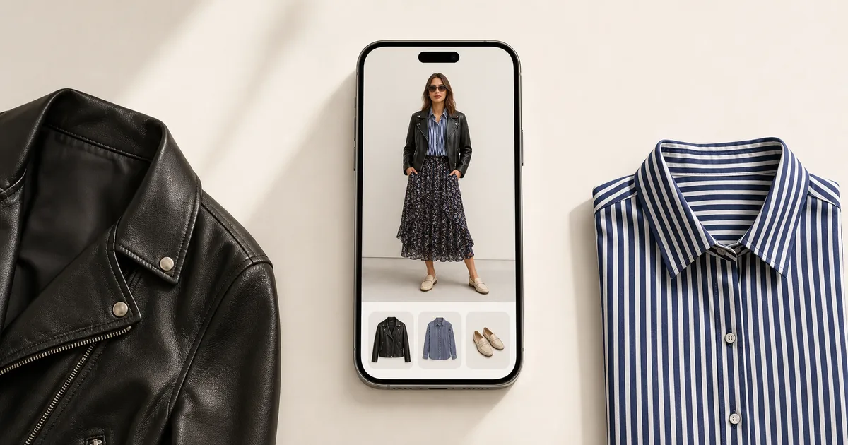 Portrait phone previewing a leather jacket beside two coordinated wardrobe pieces on a warm ivory background