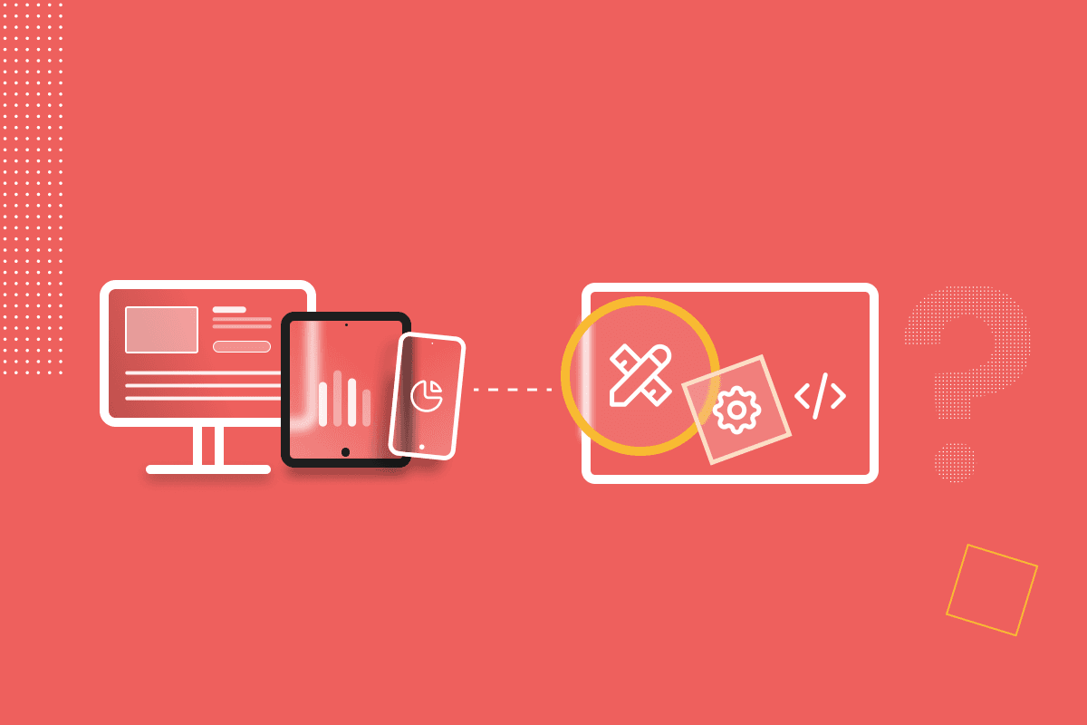 An illustration of three devices, which are a computer, tablet, and mobile, connected to an illustration of a custom-built software platform illustration by a dotted line. 