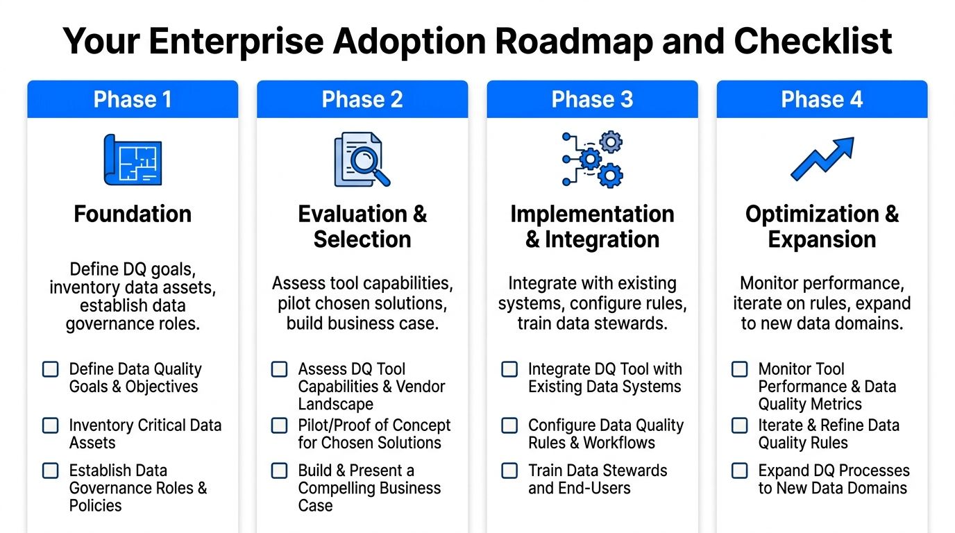A four-phase enterprise roadmap and checklist for implementing data quality tools and governance strategies.