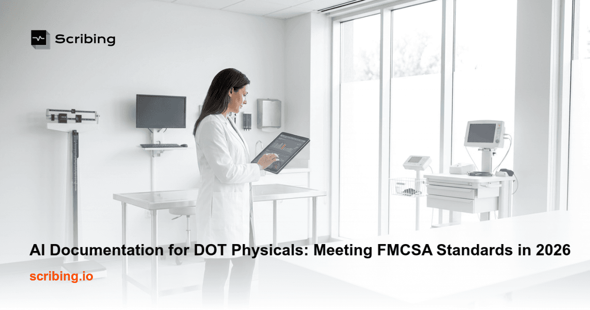 Occupational health provider reviewing digital DOT physical exam documentation on a tablet for FMCSA compliance