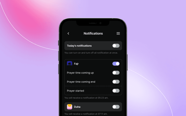 Prayerly App - Set multiple notifications for each salah including before, after, during, and play azaan.