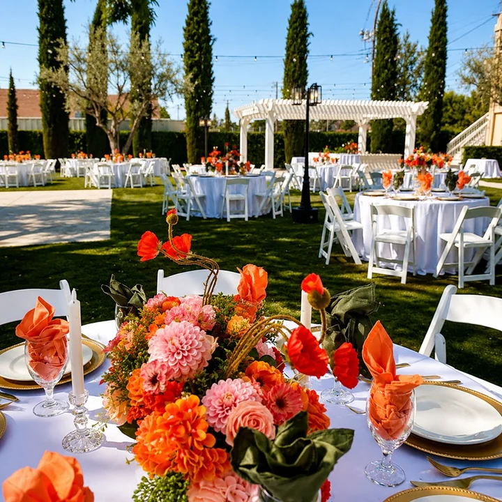 Round table set with orange and pink dahlias, white candles, and gold-rimmed plates, with more tables on the lawn beyond