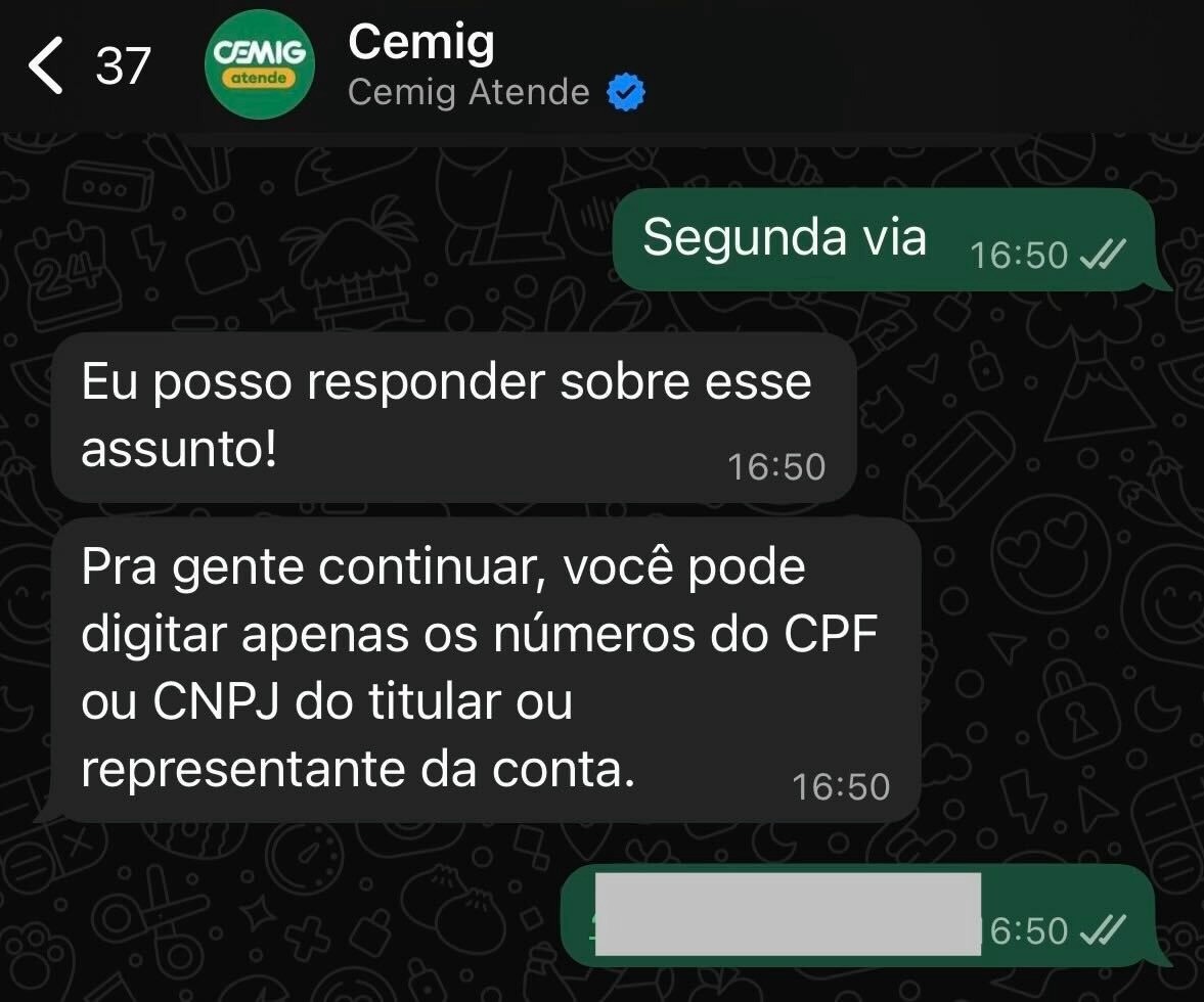 Tela de Atendimento da Cemig por Whatsapp