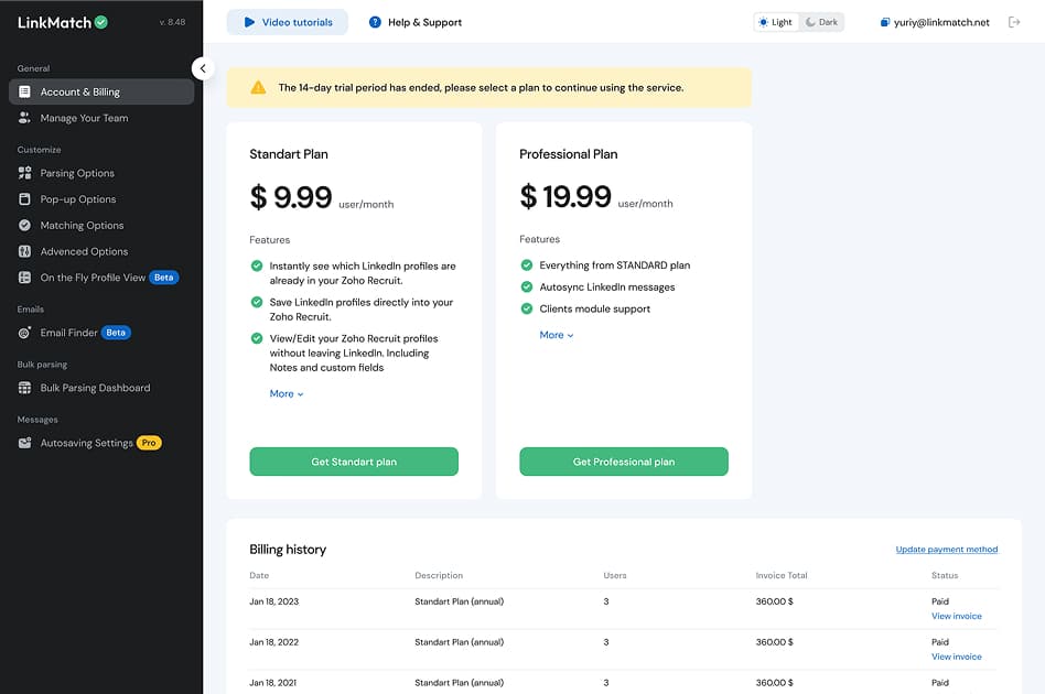 LinkMatch pricing page showing Standard and Professional plans with billing history and subscription details