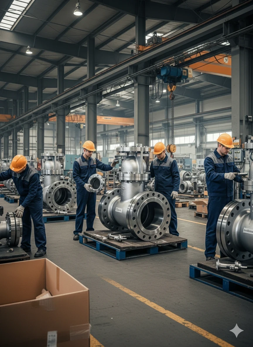 Industrial valve manufacturing facility with valves under inspection and packing