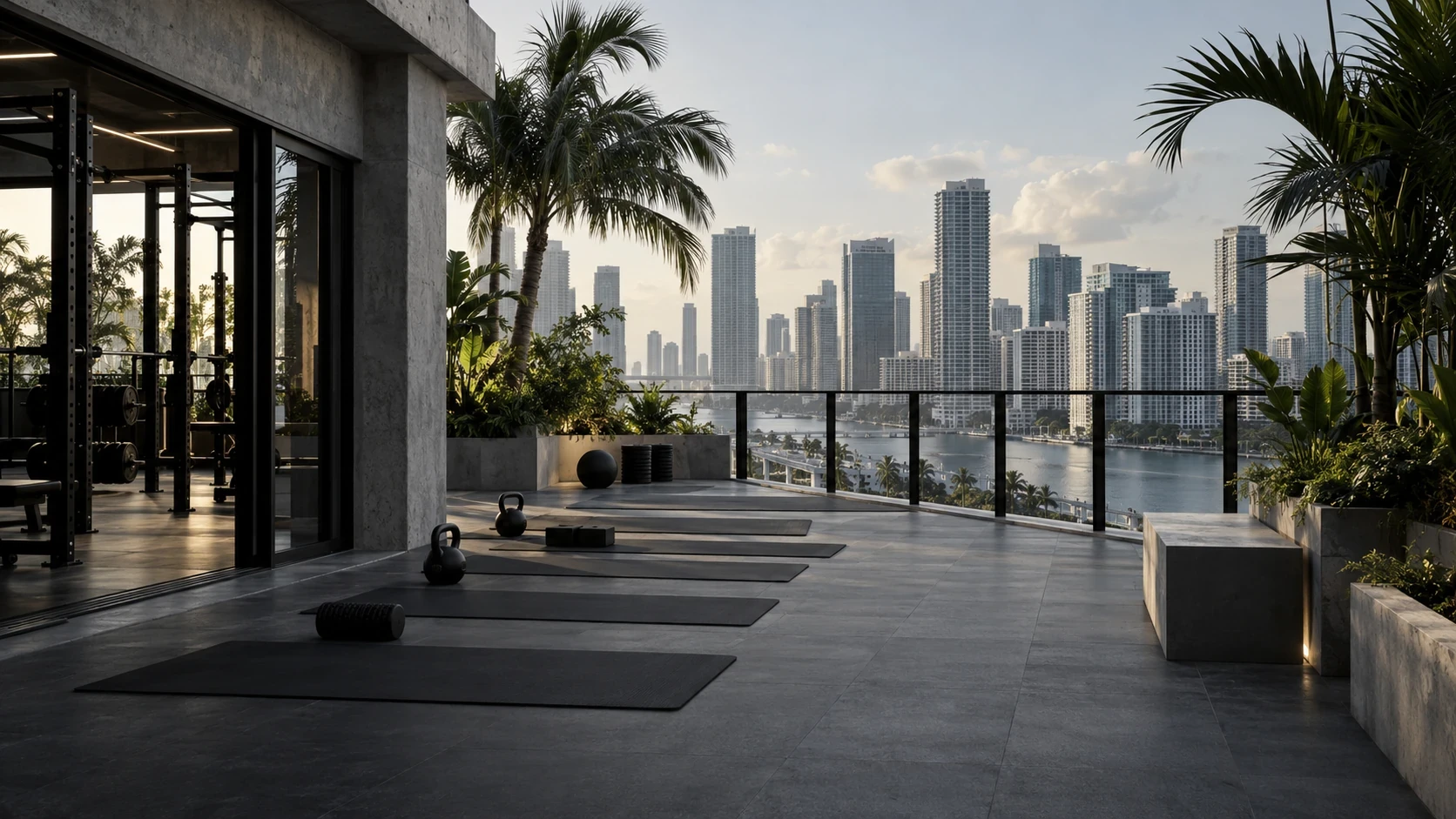 The rooftop stretch deck with palms and city views