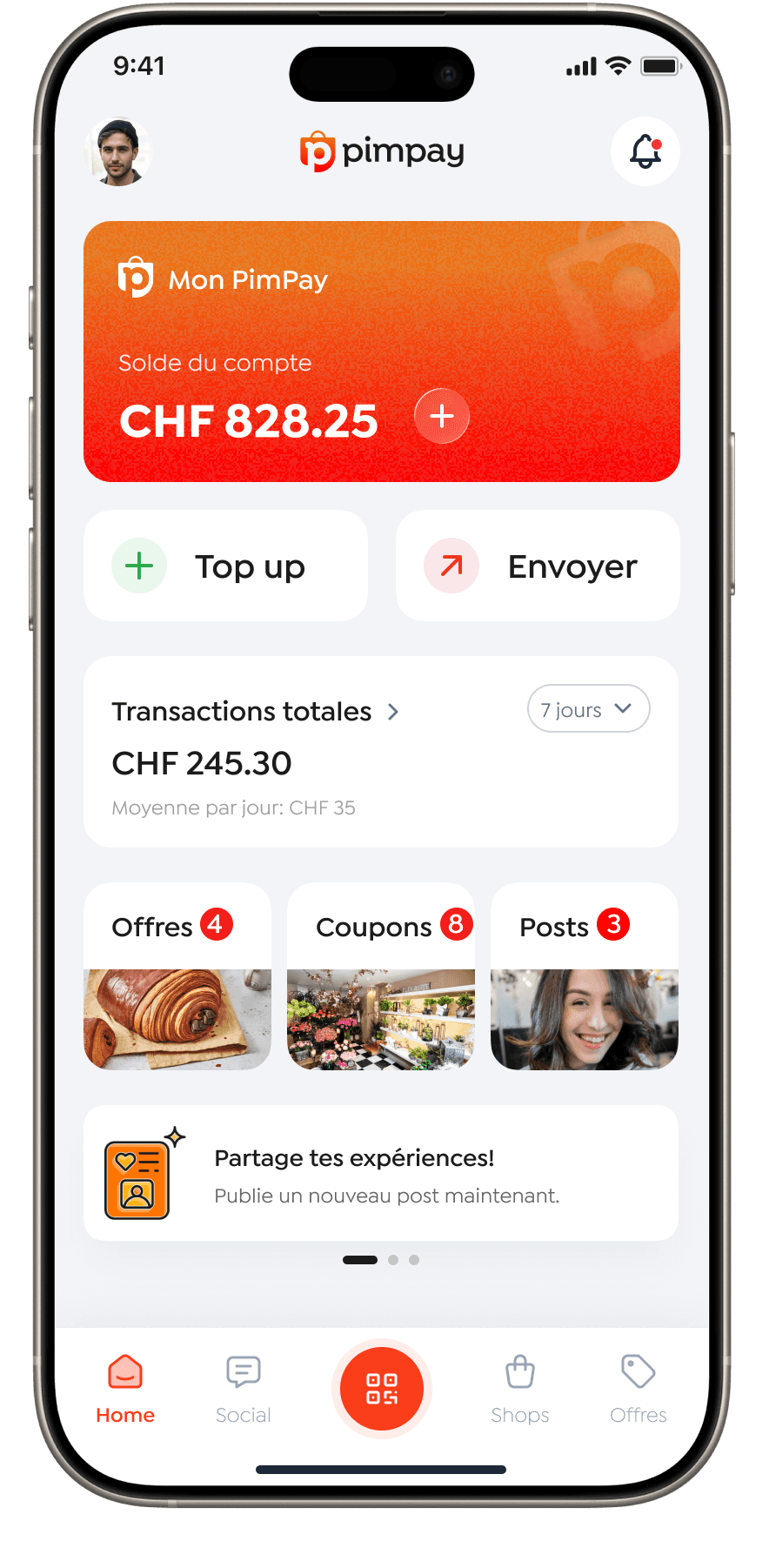 Écran d'accueil de l'application PimPay affichant un solde de compte de 3 428,25 CHF, avec les boutons « Recharger » et « Envoyer » et un total de transactions de 56 500 CHF.