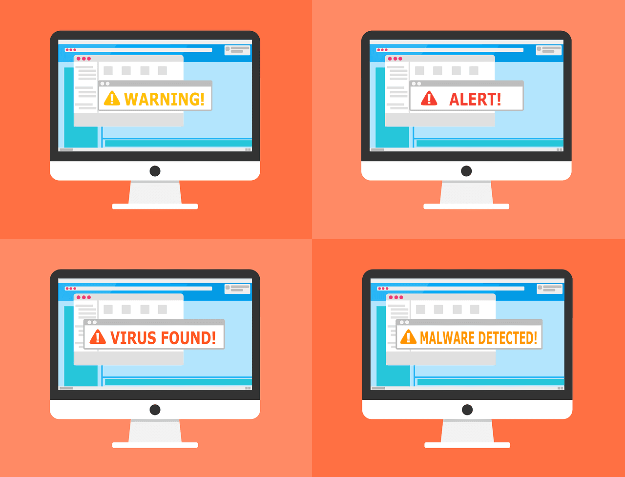 Graphic showing four computer monitors with warning messages such as 'Warning,' 'Alert,' 'Virus Found,' and 'Malware Detected,' emphasizing cybersecurity threats.