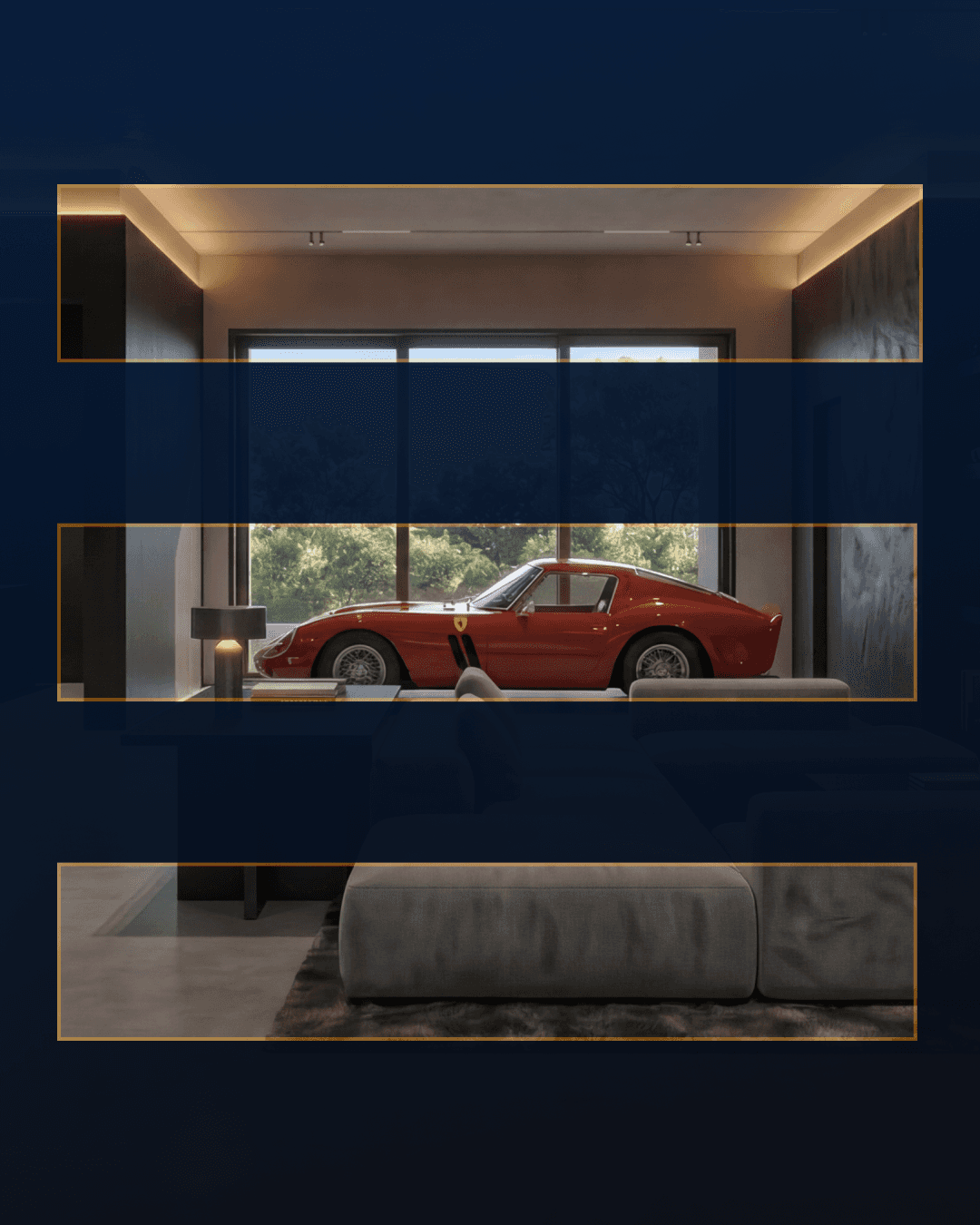 Teaser showing brand and members lower lounge rendering with ferrari on display