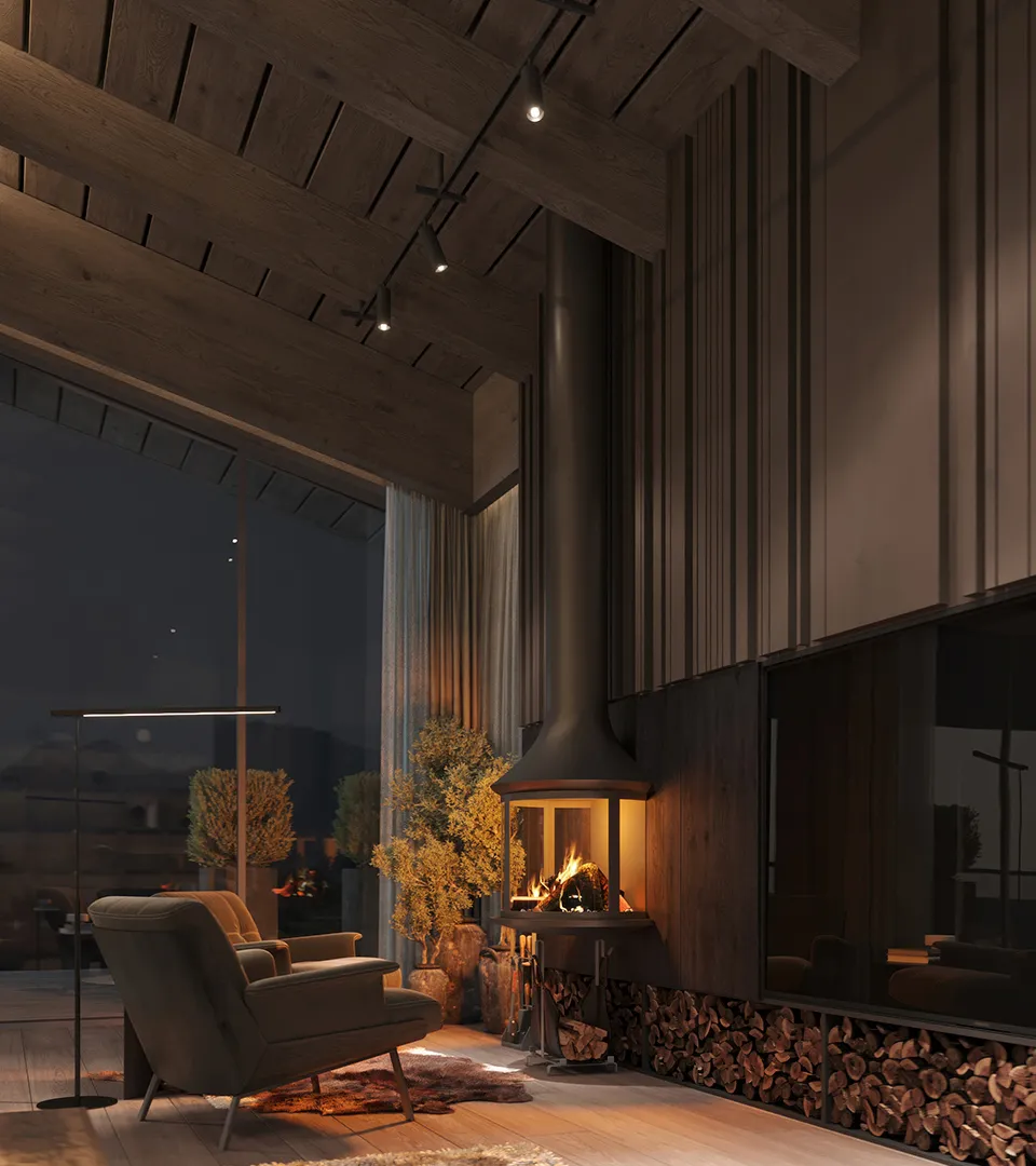 Peakside Chalets Cyprus evening lounge with a suspended fireplace, warm ambient lighting, and timber-lined ceiling