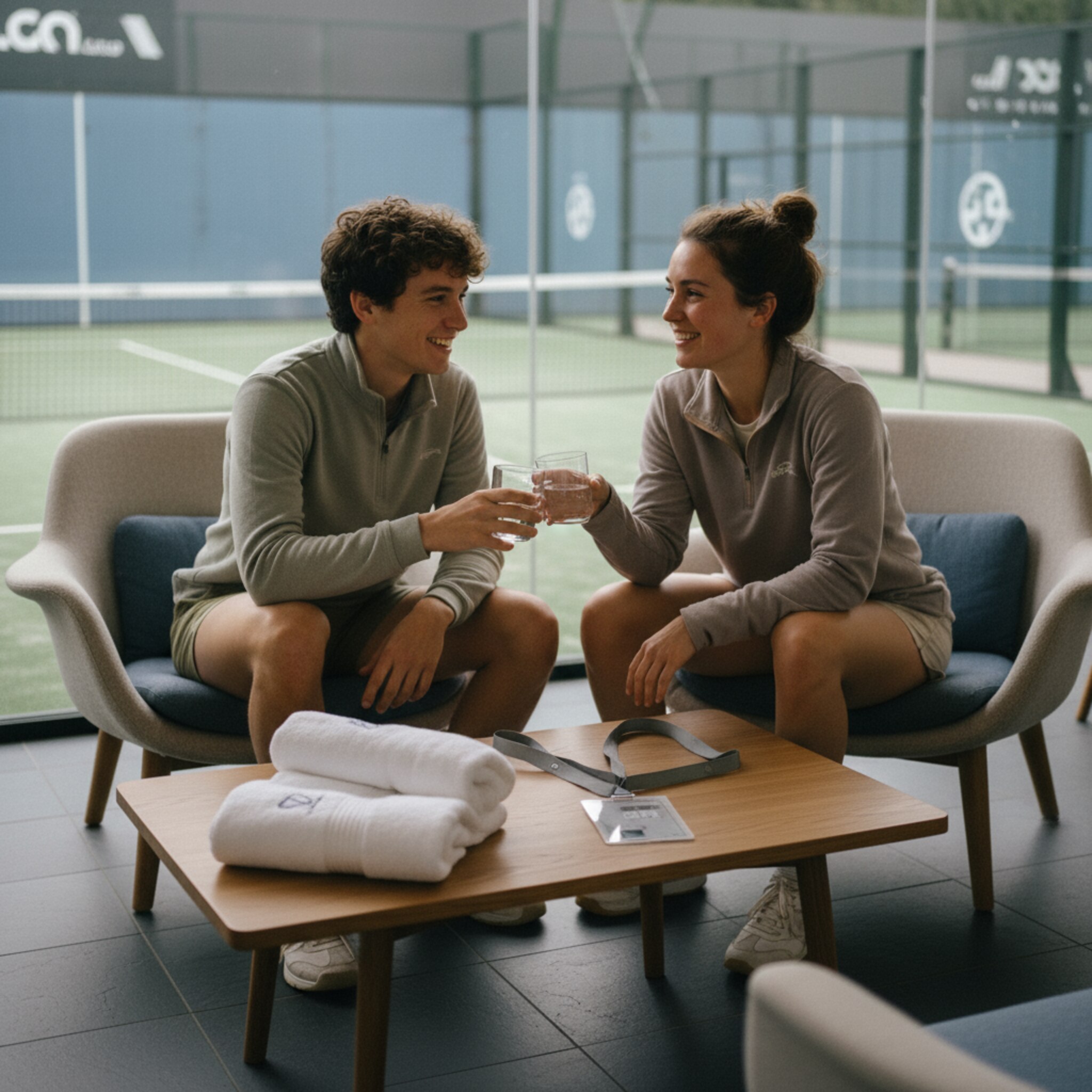 In der Lounge liegen Clubhandtücher und ein Schlüsselband mit Mitgliederausweis auf einem Tisch. Zwei Teamkollegen stoßen mit Wasser an und verabreden den nächsten Slot. Im Hintergrund sieht man den Court durch die Glaswand. Die Atmosphäre wirkt verbindlich und clubnah.
