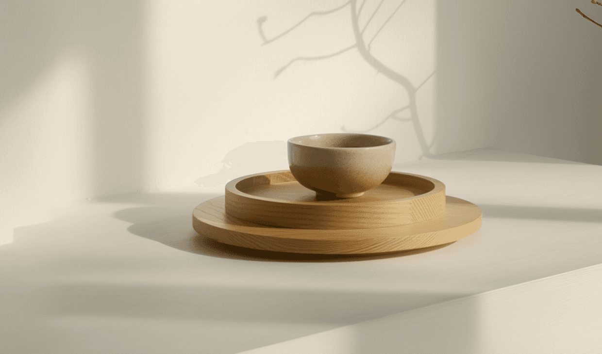 Two elegant vases, one amber glass with twigs, the other beige ceramic.
