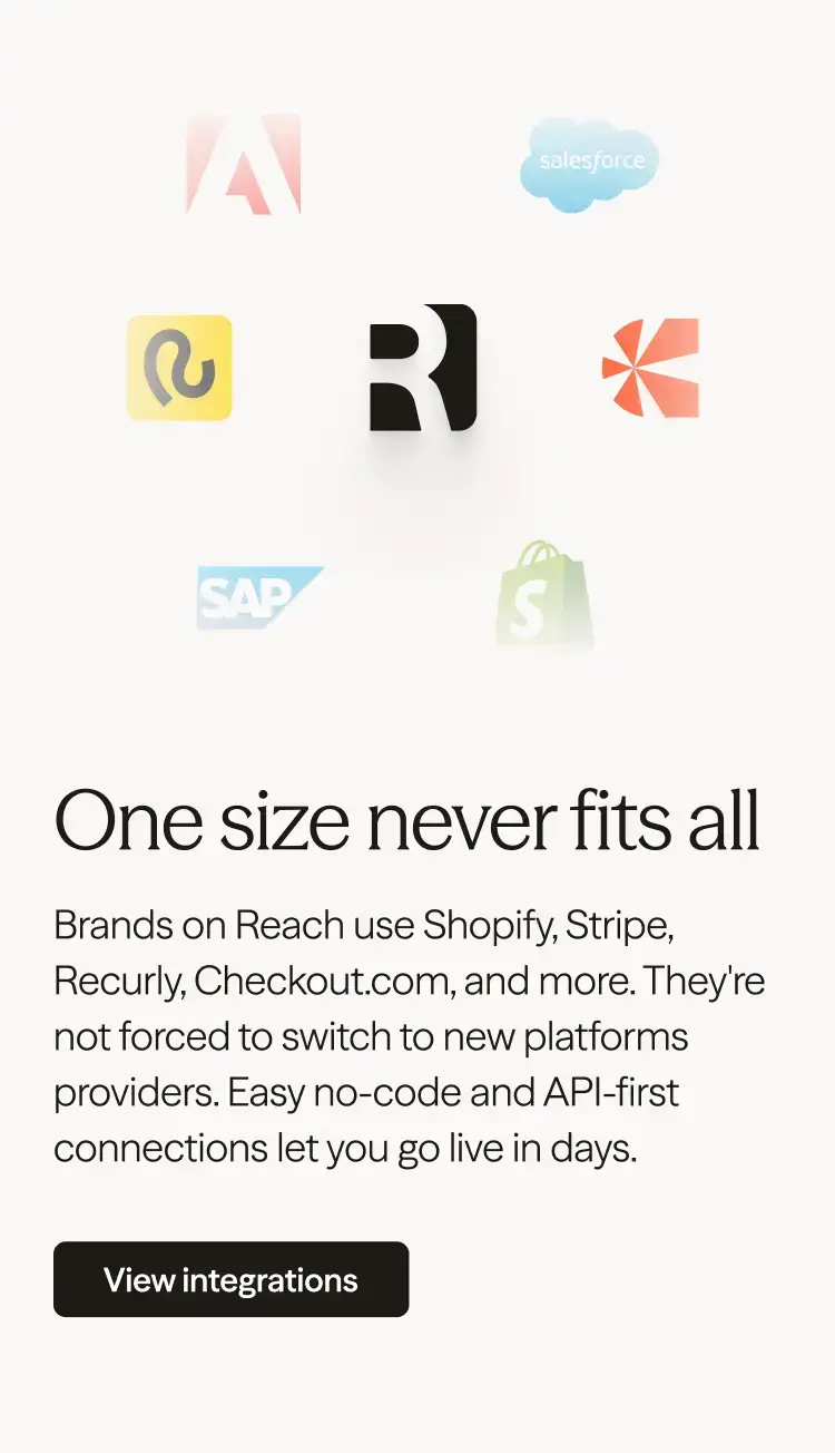 Reach website card with platform logos and the headline “One size never fits all,” introducing flexible integrations.