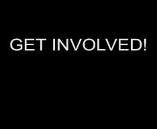 The text Get involved on a black background with white characters.
