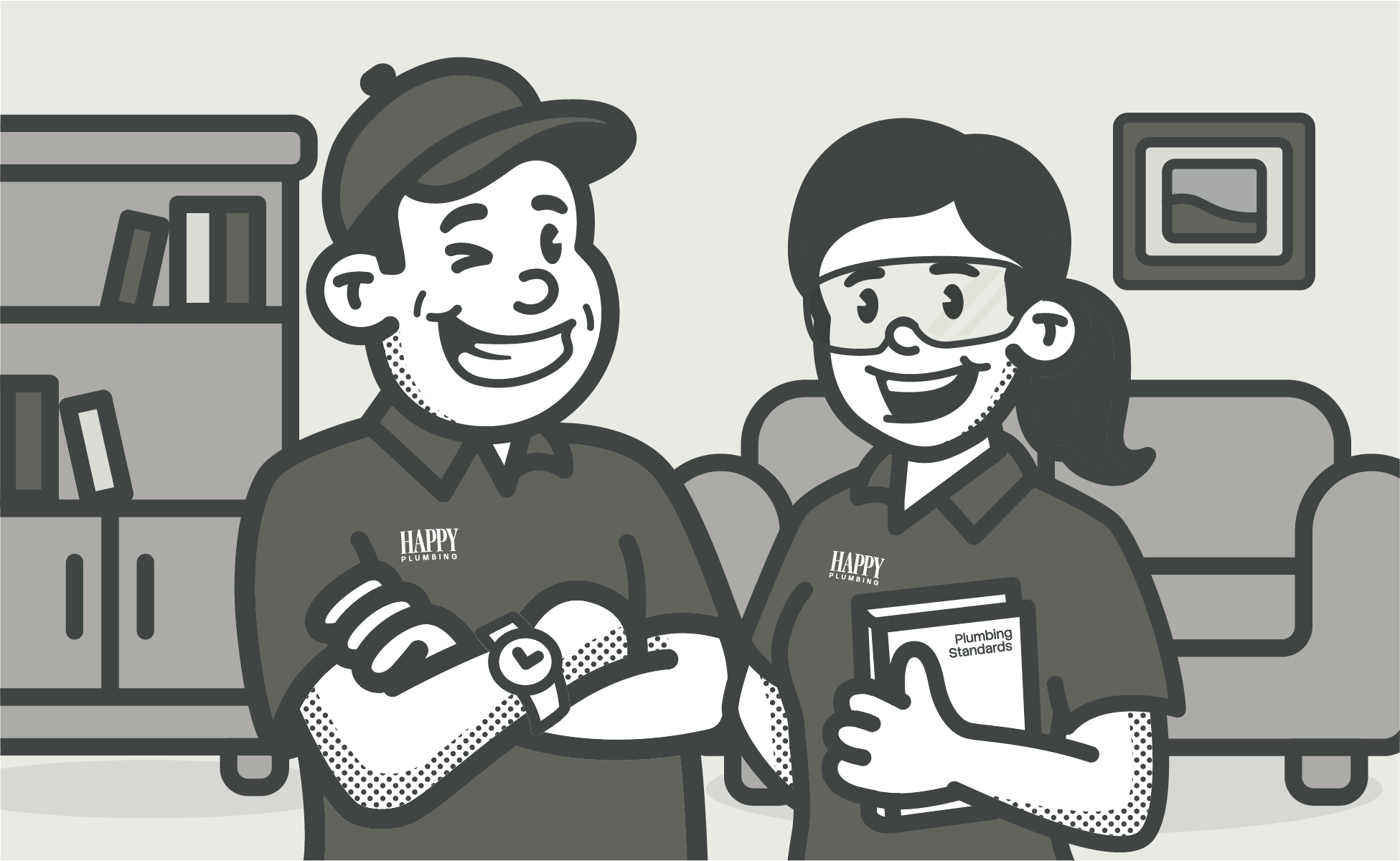 Two smiling plumbers, a man and a woman, wearing uniforms and looking at the camera.