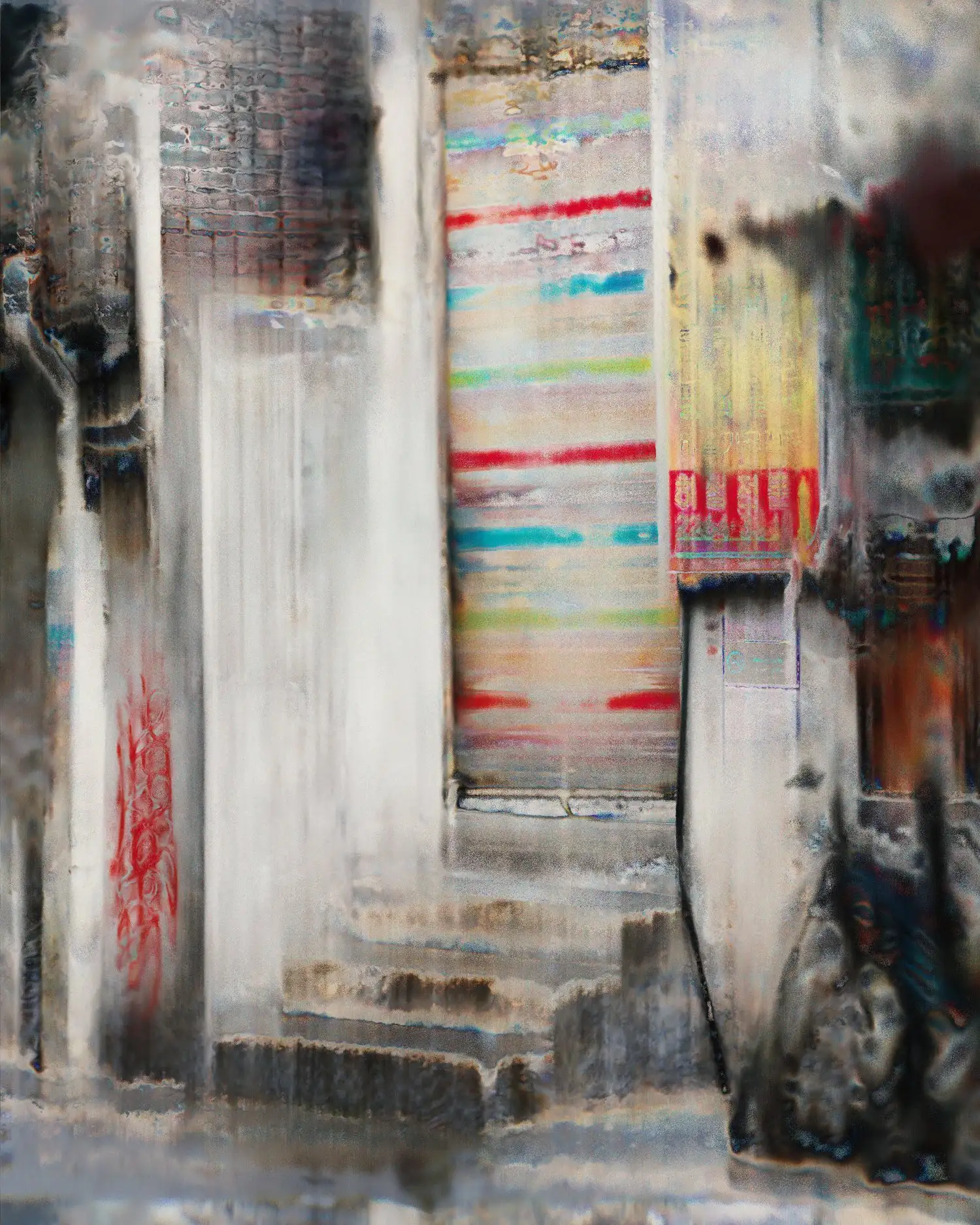 experimental processing of a 3d-scanned alley with a closed shop iron curtain in seoul, south korea. A lot of blur, grain and a few spots of vivid colors