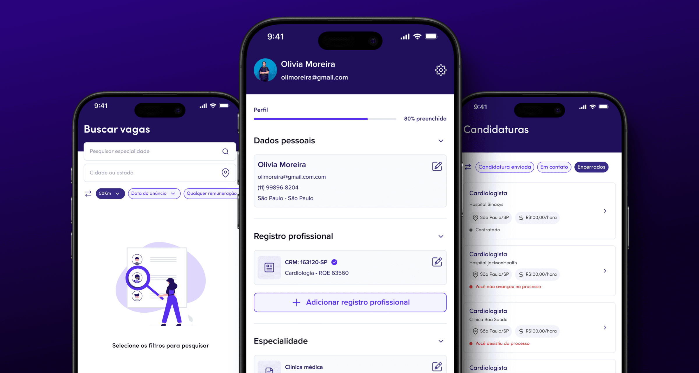A screenshot of job gate home, job details, and filters screens