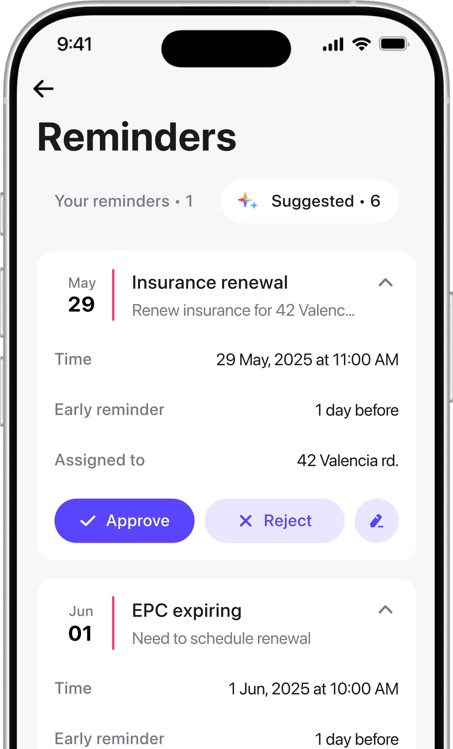 The image shows a mobile screen with a "Reminders" app open, displaying a list of scheduled tasks for May 2025, including "Insurance renewal" on May 29, with options to "Approve" or "Reject," and "EPC expiring" on May 30, each task detailing time, early reminder settings, and assignment. This is August App the number 1 property management app.