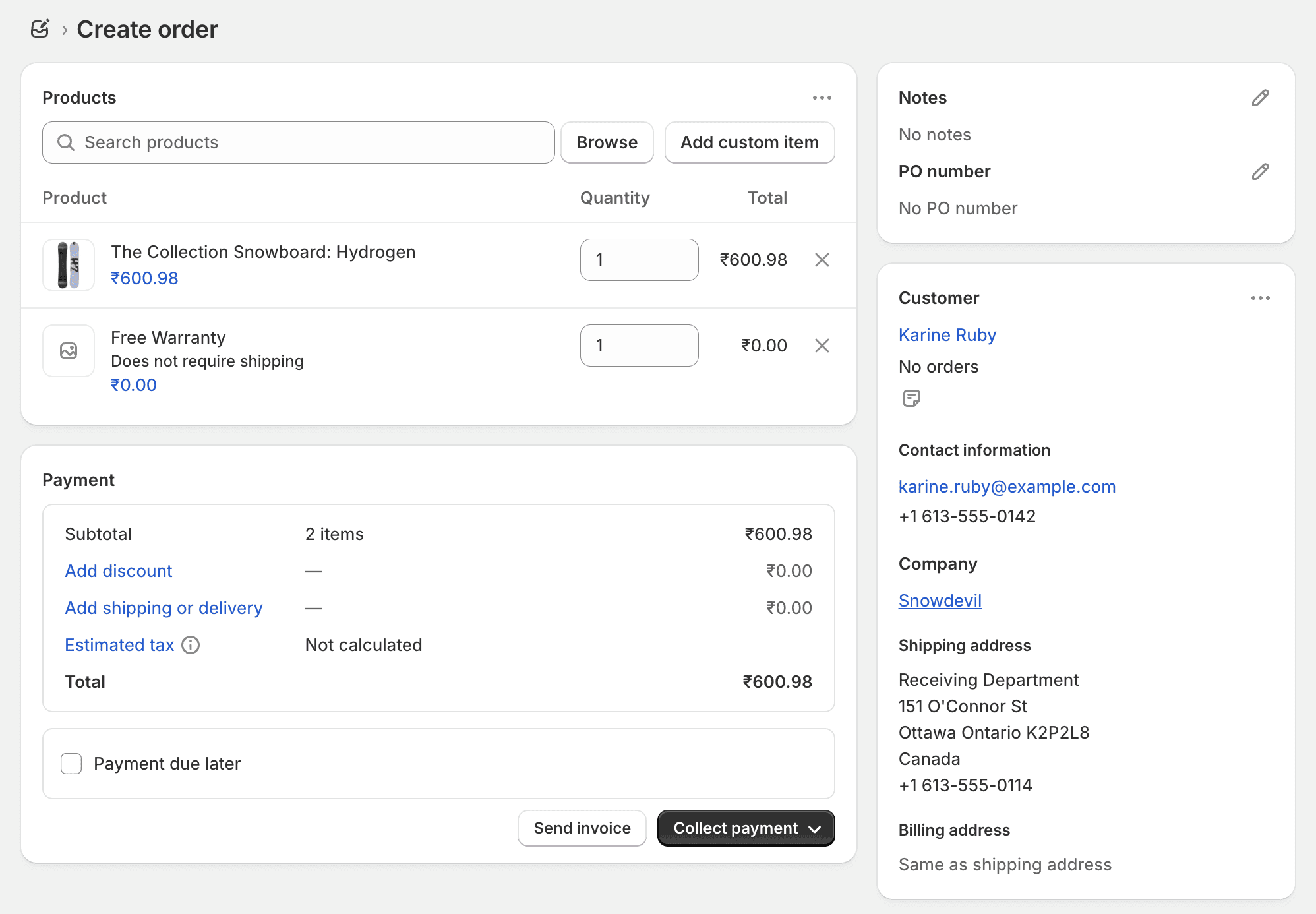 Add products to your draft order on Shopify admin draft order create page