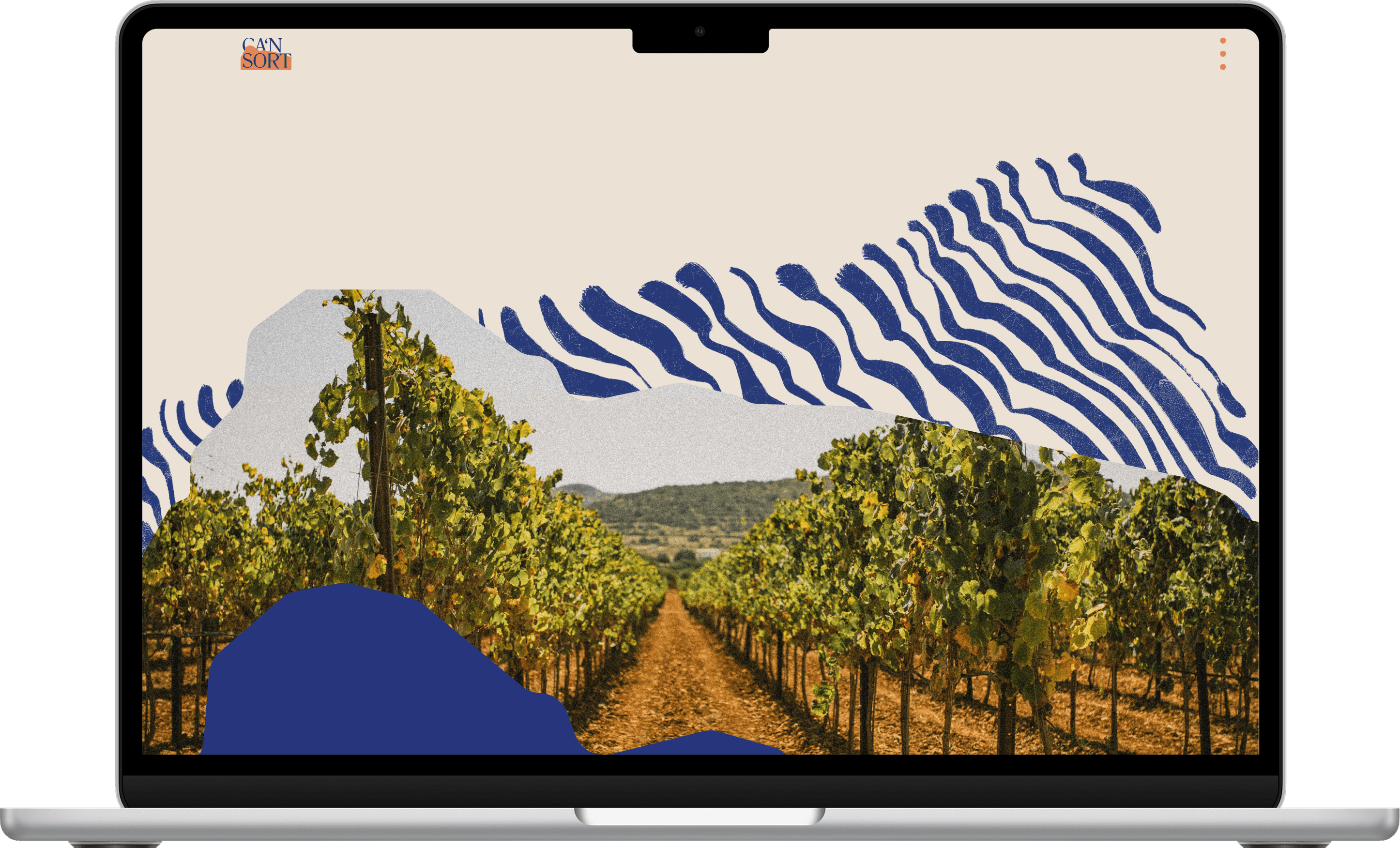 CÀN SORT website and mobile brand presentation mockup with vineyard imagery and blue brushstroke identity