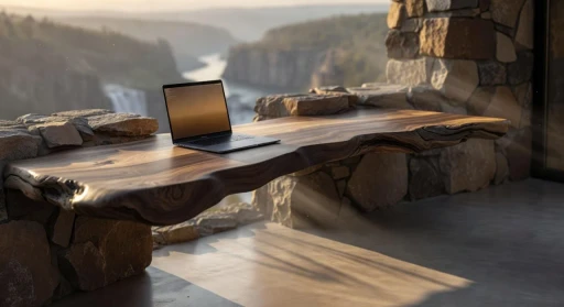 Modern laptop on a rustic wooden desk overlooking a vast canyon and river - Energy State efficiency and productivity concept