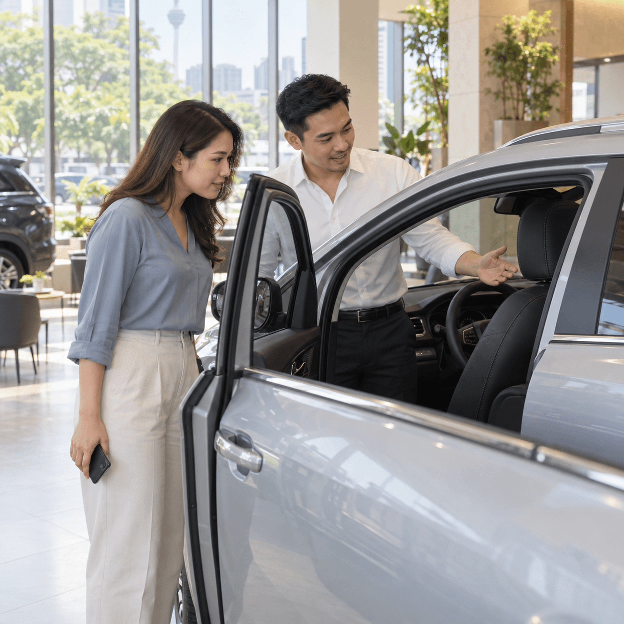 Illustrative automotive scene: a buyer and sales advisor discussing a compact SUV before a test drive. AI-generated.