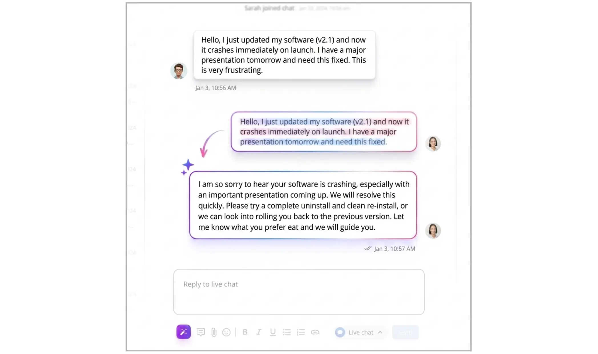 Customer support AI chat showing response with troubleshooting steps.