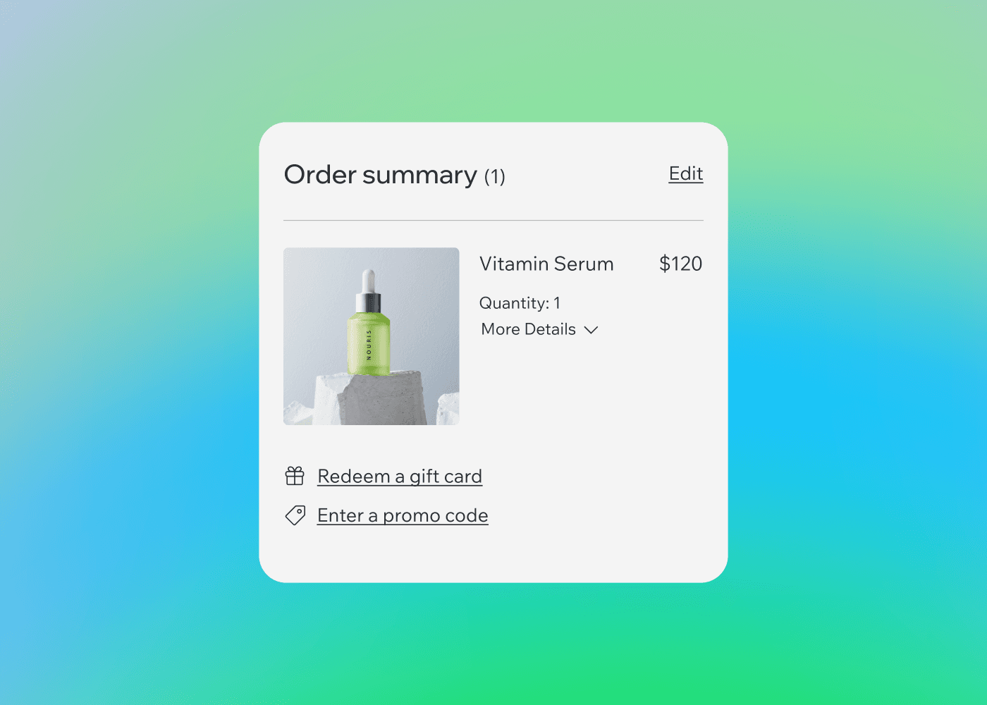 Order summary UI design showing a vitamin serum product checkout screen