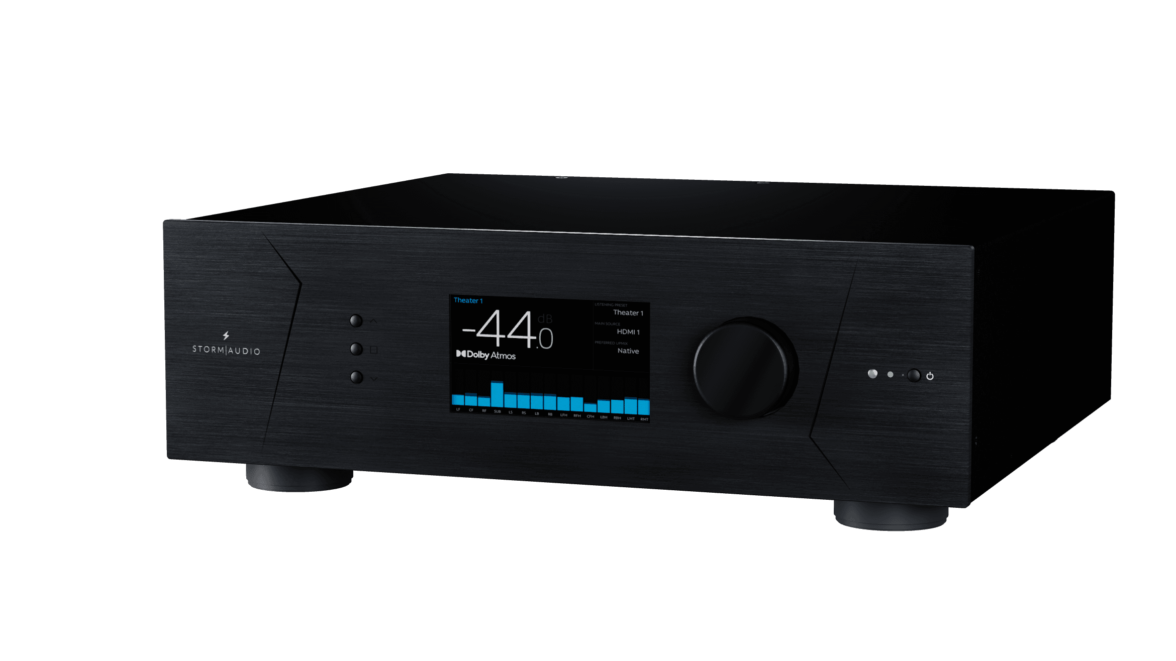 StormAudio processor with Dolby Atmos and volume display