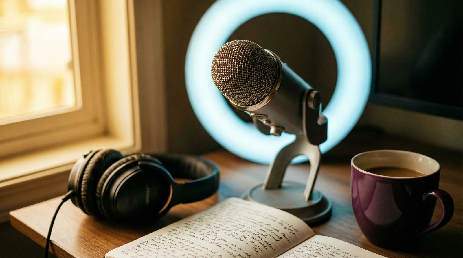 Close-up of professional microphone on desk stand, ring light glowing behind it, headphones and notebook with handwritten notes, purple ceramic mug