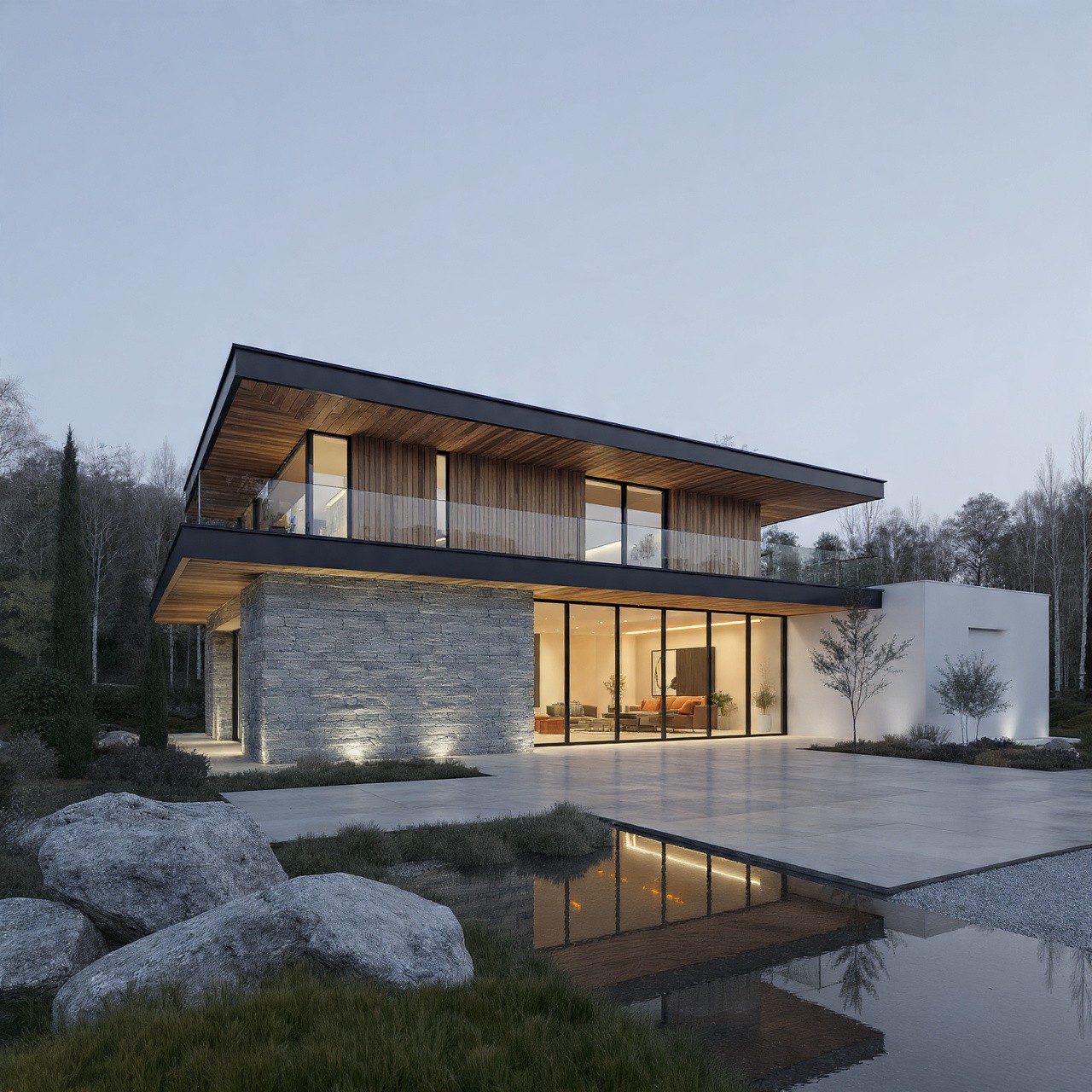 Modern two-story house at dusk, with large windows, wood and stone exterior, glowing warm lights, and a sleek, reflective pool in the foreground. Elegant and serene atmosphere.